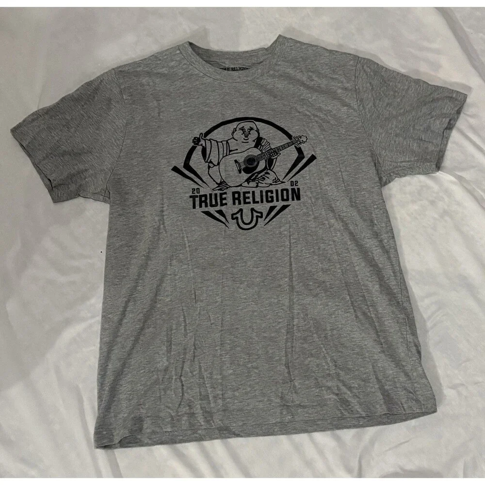 True Religion Shirt Mens Large Gray Short Sleeve T Shirt Buddah Logo